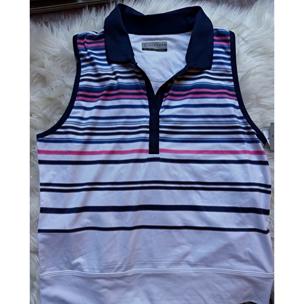 PGA TOUR Women’s Sleeveless Golf Polo White/Navy/Pink Striped Stretch UPF 40 S